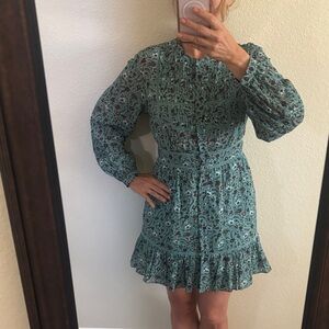 Joie Long Sleeve Floral Dress in Teal and Burgundy